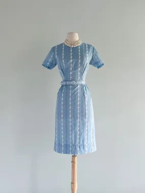 1960's Baby Blue Cotton Floral Embroidered Dress / Sz M