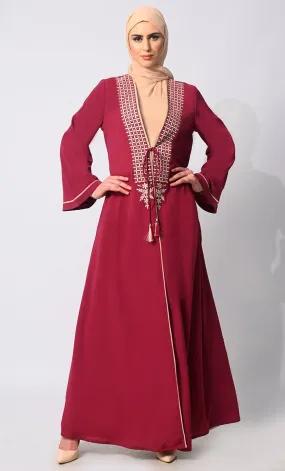 Effortless Sophistication: Front Tied Embroidered Maroon Shrug with Lining