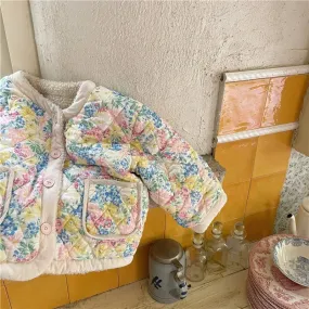 Floral Cotton Coat for Girls - Warm Winter Jacket with Velvet Lining