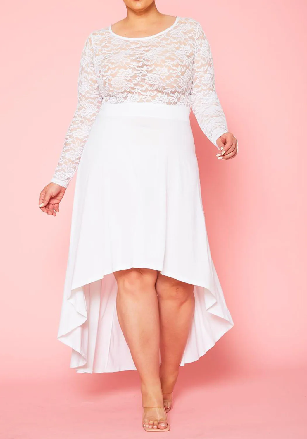 HI CURVY Plus Size Floral Lace High Low Flare Dress