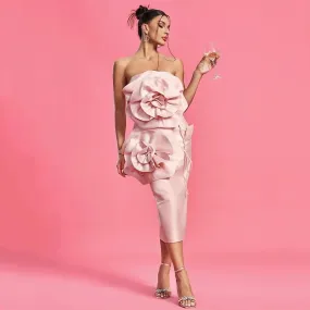 Midi Dress for Women - Elegant Pink & White Strapless Design with Sexy Tight Fit & 3D Flower Detail - Celebrity Party Dress Summer 2024