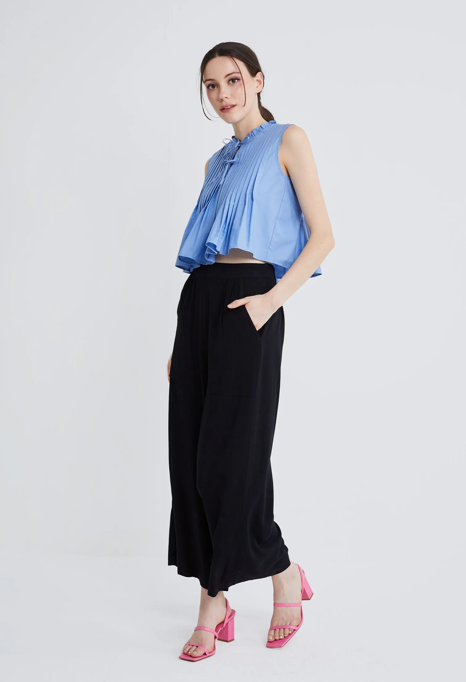 Pleated Flare Sleeveless Double Tie Top