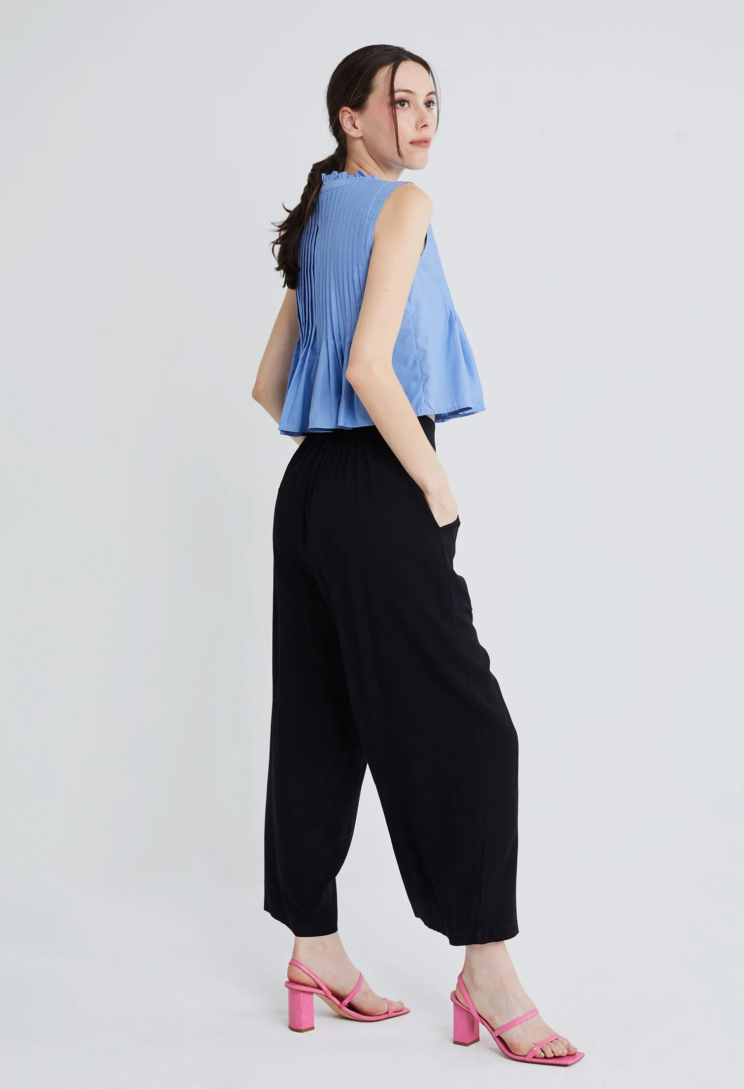 Pleated Flare Sleeveless Double Tie Top