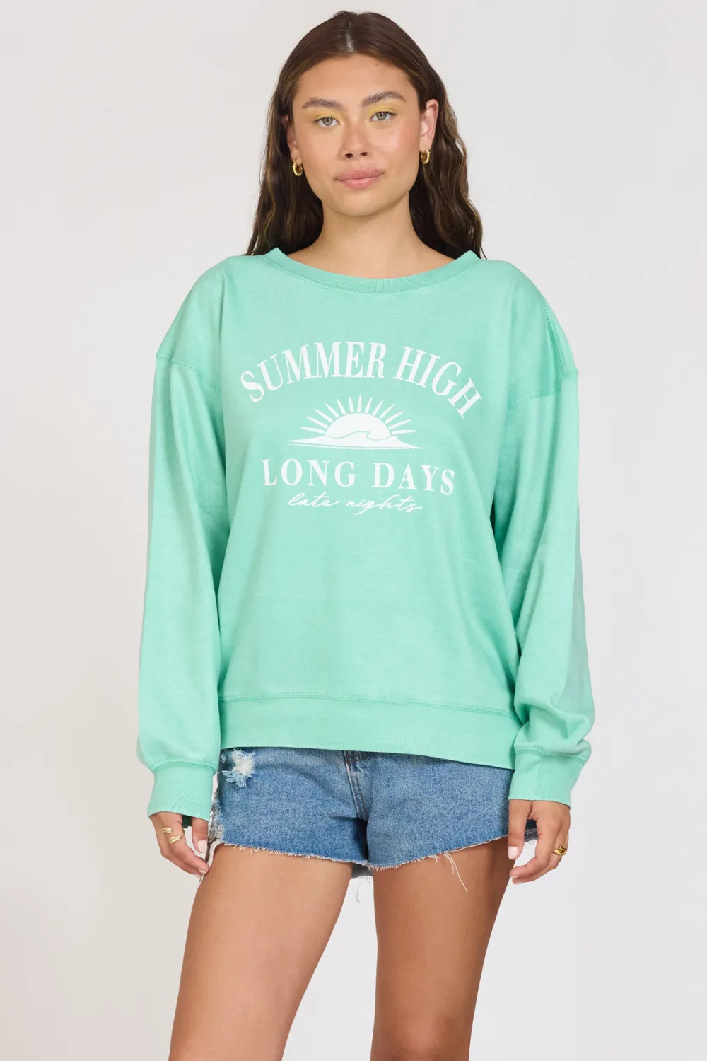 "Summer High" Surf Green Burnout Fleece Crewneck