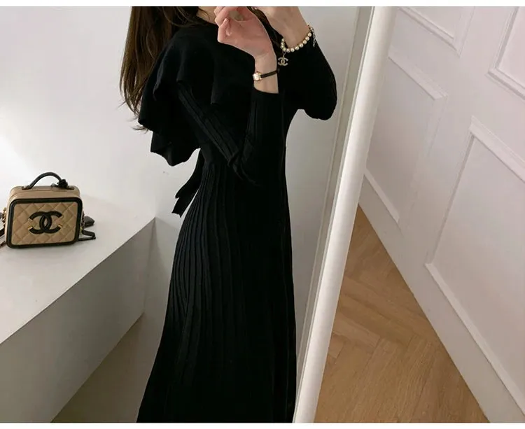 SMTHMA 2022 New Winter Vintage Elegant O-Neck Female Thicken Knit Long Dress Slim Full Sleeve Ruffles  Women Sweater Vestidos