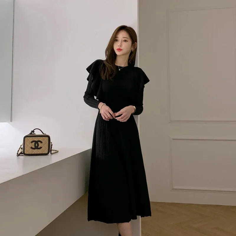 SMTHMA 2022 New Winter Vintage Elegant O-Neck Female Thicken Knit Long Dress Slim Full Sleeve Ruffles  Women Sweater Vestidos