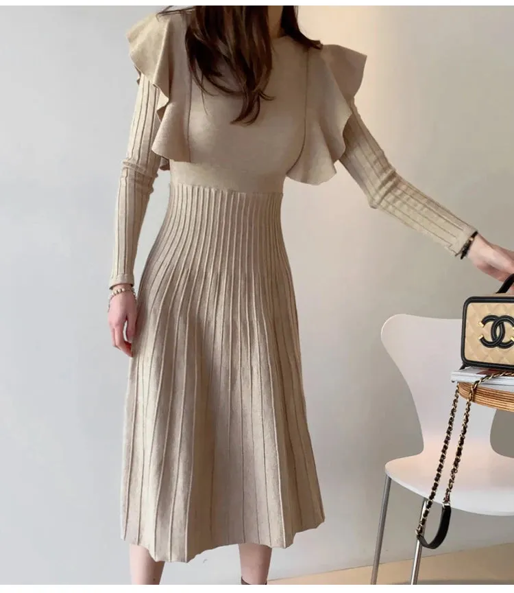 SMTHMA 2022 New Winter Vintage Elegant O-Neck Female Thicken Knit Long Dress Slim Full Sleeve Ruffles  Women Sweater Vestidos