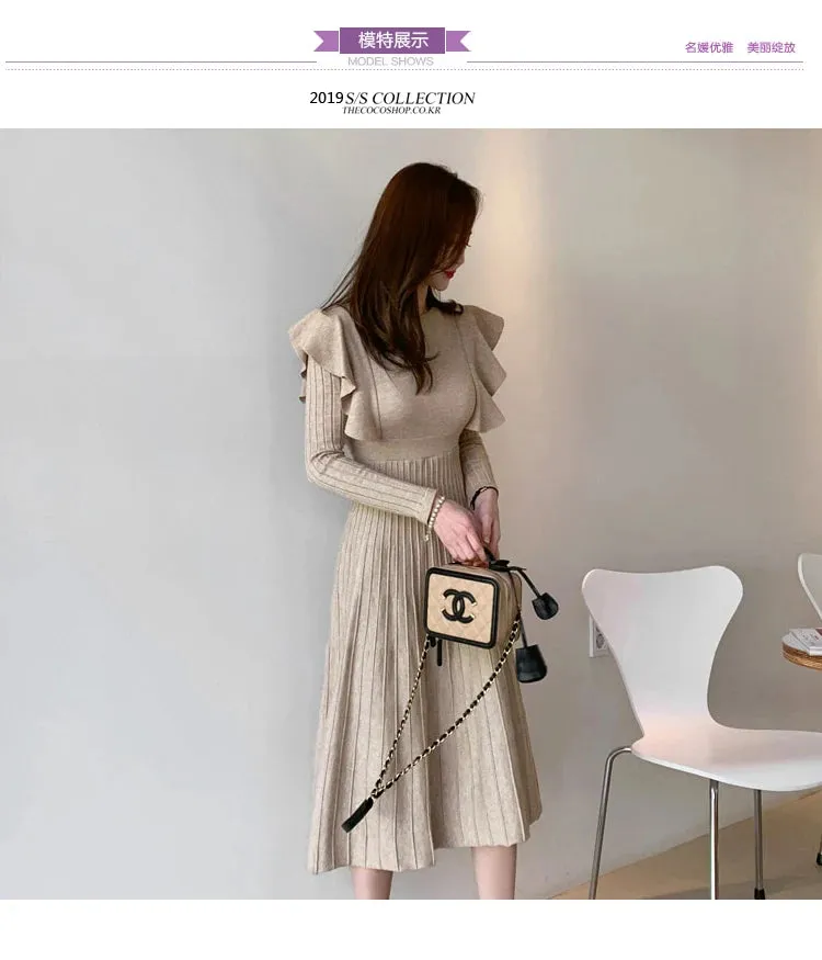 SMTHMA 2022 New Winter Vintage Elegant O-Neck Female Thicken Knit Long Dress Slim Full Sleeve Ruffles  Women Sweater Vestidos