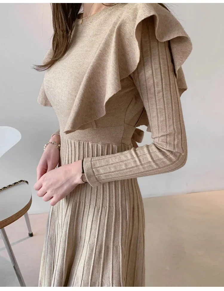 SMTHMA 2022 New Winter Vintage Elegant O-Neck Female Thicken Knit Long Dress Slim Full Sleeve Ruffles  Women Sweater Vestidos