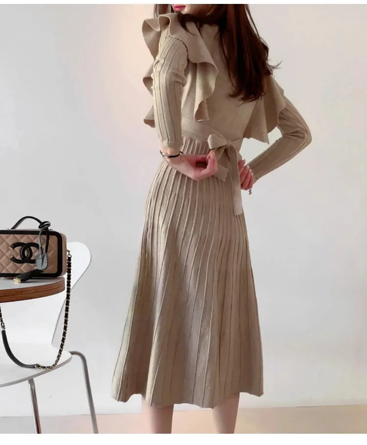 SMTHMA 2022 New Winter Vintage Elegant O-Neck Female Thicken Knit Long Dress Slim Full Sleeve Ruffles  Women Sweater Vestidos