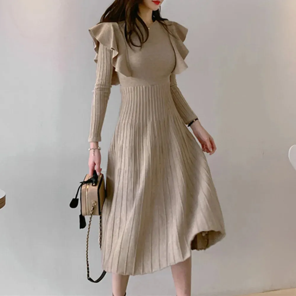 SMTHMA 2022 New Winter Vintage Elegant O-Neck Female Thicken Knit Long Dress Slim Full Sleeve Ruffles  Women Sweater Vestidos