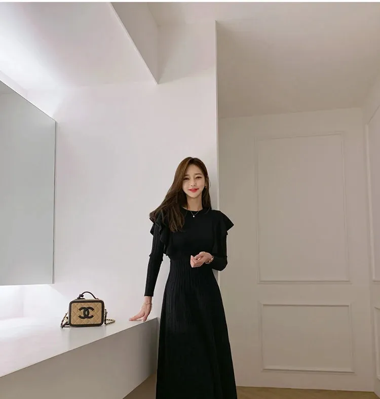 SMTHMA 2022 New Winter Vintage Elegant O-Neck Female Thicken Knit Long Dress Slim Full Sleeve Ruffles  Women Sweater Vestidos