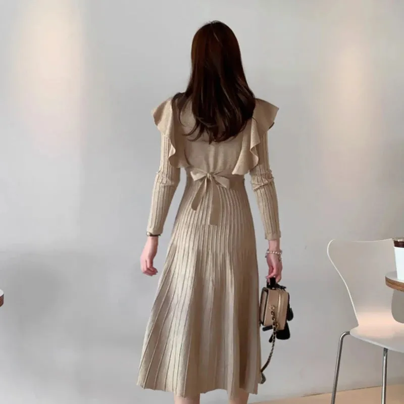 SMTHMA 2022 New Winter Vintage Elegant O-Neck Female Thicken Knit Long Dress Slim Full Sleeve Ruffles  Women Sweater Vestidos