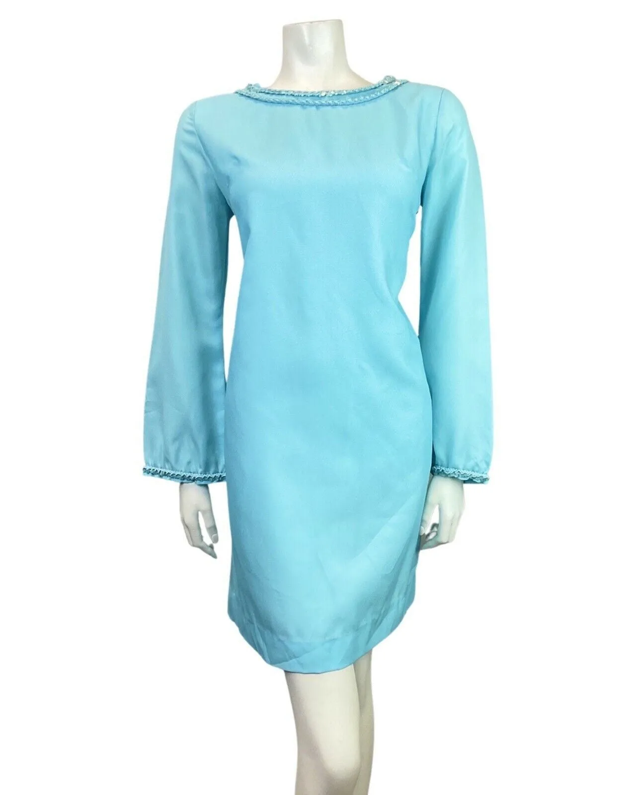 VINTAGE 60s 70s BABY BLUE SEQUIN MOD STUDIO 54 SHIFT DRESS 14